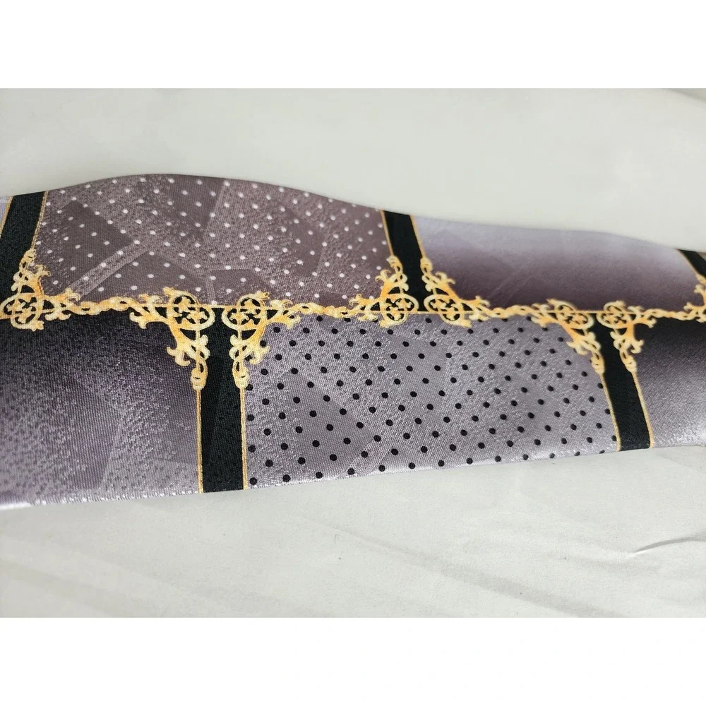 Daniel Ellissa New York Mens Tie Grey Black Gold Baroque Polka Dot Patchwork